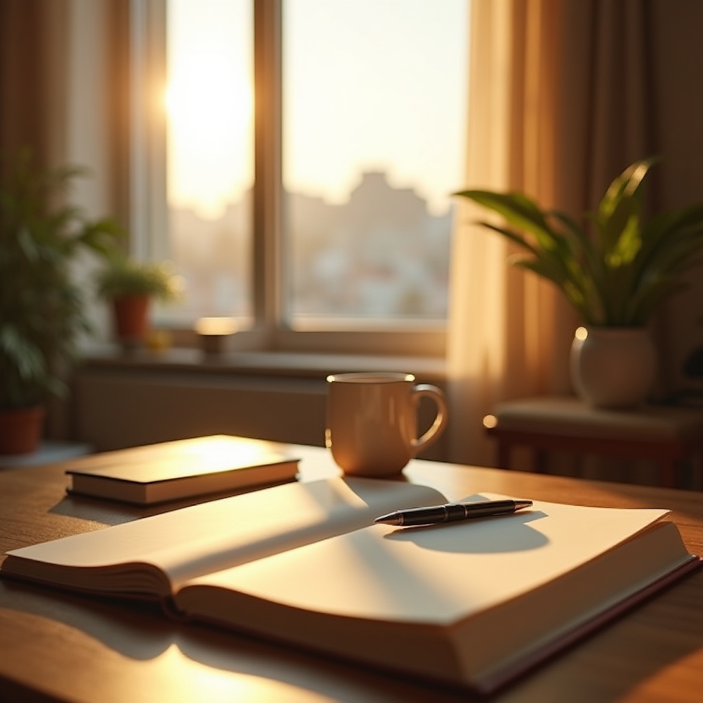 Escritorio de estudio con cuaderno, taza de café y ventana con luz natural, ambiente tranquilo de escritura