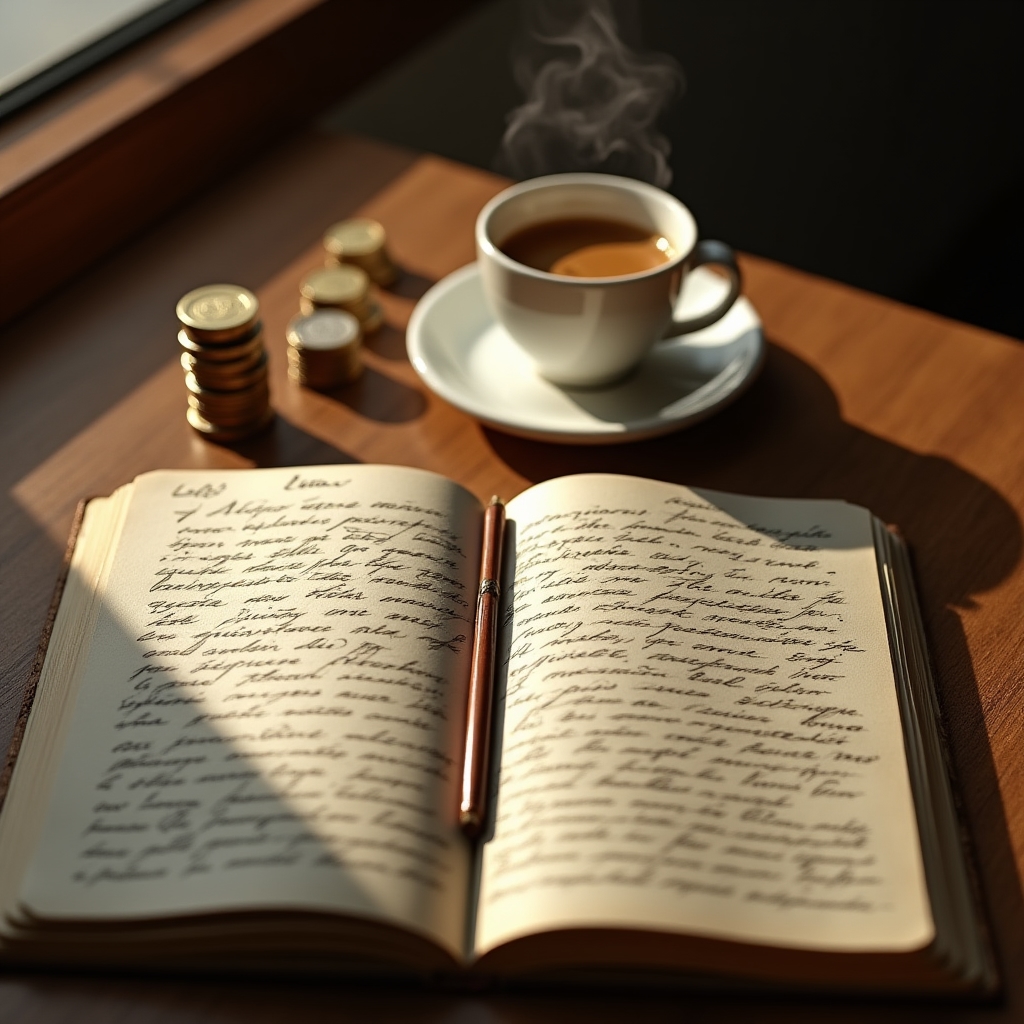 Escritorio con cuaderno abierto, taza de café y monedas dispuestas en pequeñas pilas ordenadas