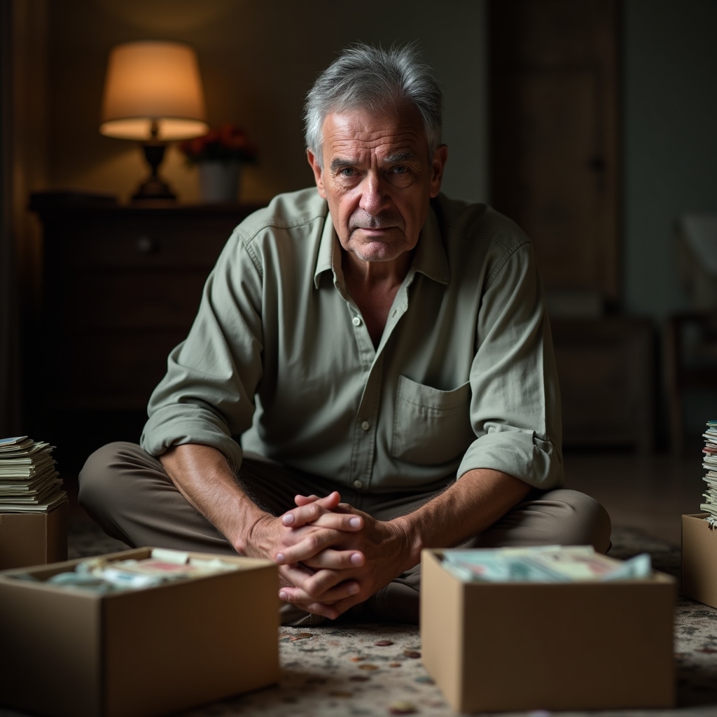 Persona contando billetes guardados en cajas sin gastarlos, reflejando el ahorro compulsivo