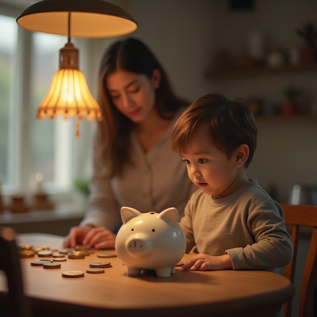 Niño observando una hucha de cerámica sobre una mesa mientras un adulto cuenta monedas al fondo
