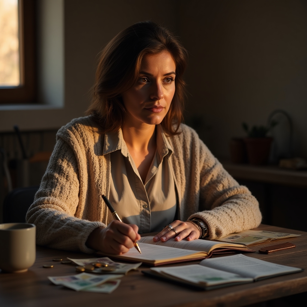 Persona escribiendo notas reflexivas en un cuaderno junto a monedas y billetes sobre una mesa de madera